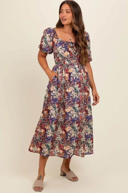 Geometric - pattern midi dress for a modern and stylish appearanceBlack Floral Puff Sleeve Maternity Midi Dress