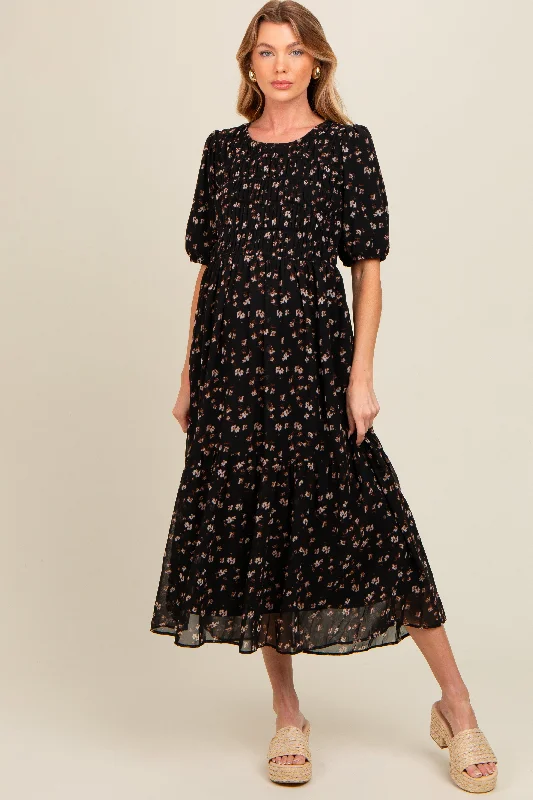 Celebrity - endorsed midi dress popularized by famous personalitiesBlack Floral Smocked Sash Tie Maternity Midi Dress
