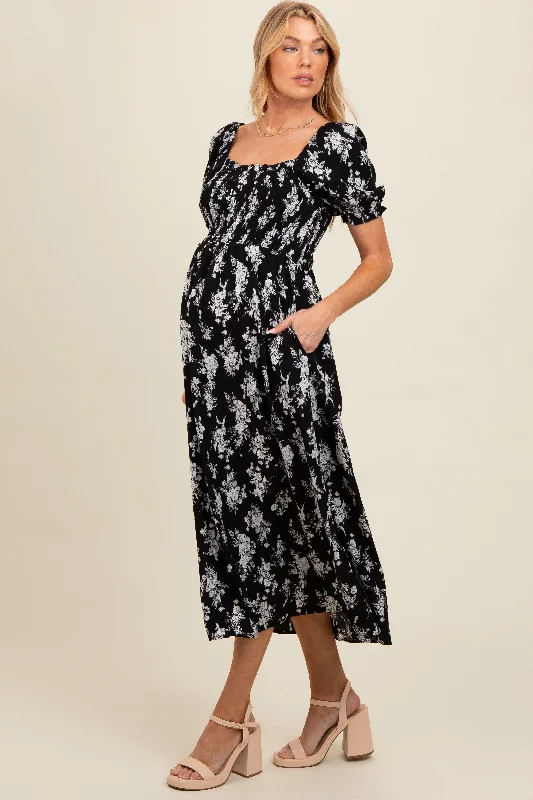 Vintage - inspired 50s midi dress with a classic silhouetteBlack Floral Smocked Sweetheart Neckline Maternity Midi Dress