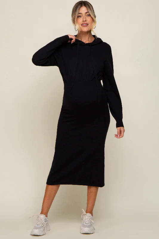 "Elegant wedding guest dresses for women under $100"Black Knit Hooded Long Sleeve Maternity Dress