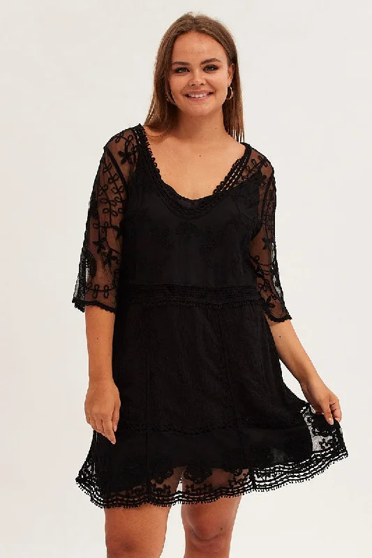 Party Dresses with Ruffled Hem and Bow at the Waist and Satin Ribbon for Ladies' Sweet and Feminine LookBlack Lace Dress Embroidered Short Sleeve With Slip Party Dresses with Ruffled Hem and Bow at the Waist and Satin Ribbon for Ladies' Sweet and Feminine LookBlack Lace Dress Embroidered Short Sleeve With Slip