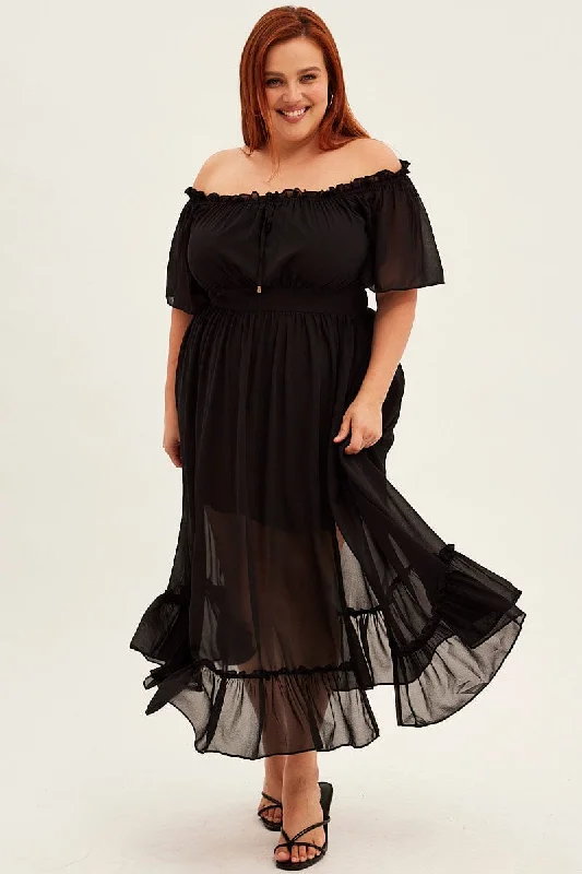 Party Dresses with Sheer Panels and Beaded Trim and Bow at the Back for Ladies' Sexy and Polished LookBlack Maxi Dress Off Shoulder Chiffon Party Dresses with Sheer Panels and Beaded Trim and Bow at the Back for Ladies' Sexy and Polished LookBlack Maxi Dress Off Shoulder Chiffon