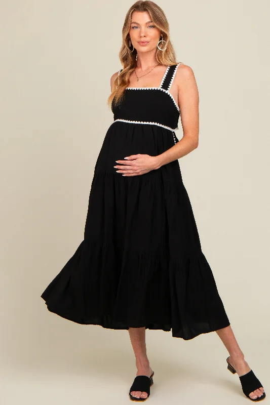Belted midi dress to cinch the waist and enhance the figureBlack Scallop Trim Tiered Maternity Midi Dress