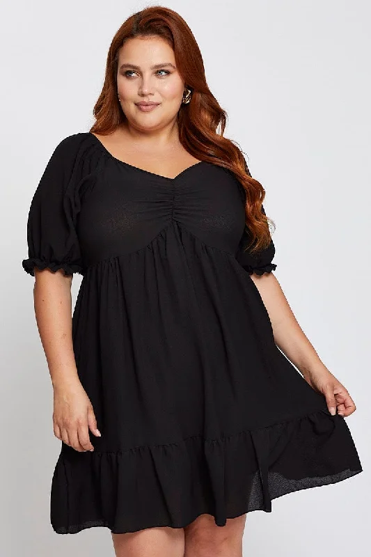 Party Dresses with Ruffled Sleeveless Top and Sequined Bodice and Tulle Skirt for Ladies' Dramatic and Glamorous LookBlack Short Puff Sleeve Gather Frill Hem Dress Party Dresses with Ruffled Sleeveless Top and Sequined Bodice and Tulle Skirt for Ladies' Dramatic and Glamorous LookBlack Short Puff Sleeve Gather Frill Hem Dress