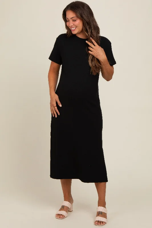 Retro - style 60s midi dress with a mod - inspired designBlack Short Sleeve Side Slit Maternity T-Shirt Midi Dress