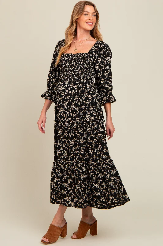 Designer - brand midi dress with a high - end labelBlack Smocked Tiered Pocketed Maternity Midi Dress
