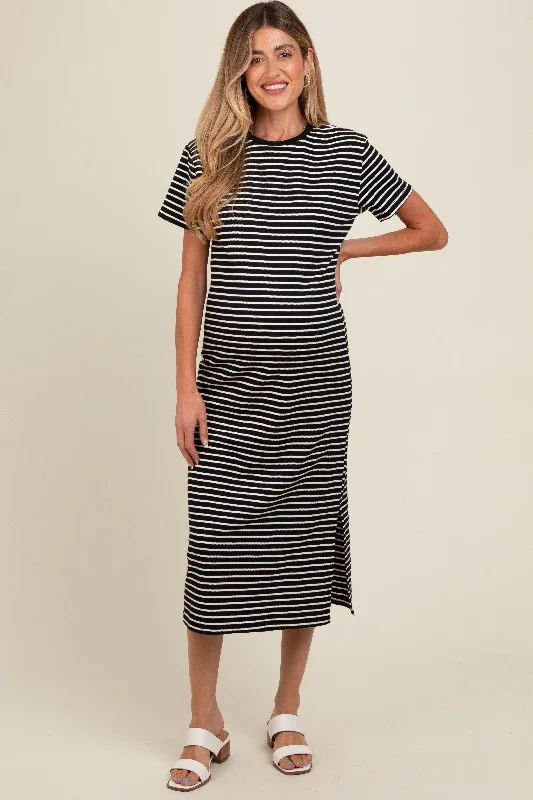 Midi dress for a picnic in the park with a relaxed and comfortable fitBlack Striped Short Sleeve Maternity T-Shirt Midi Dress