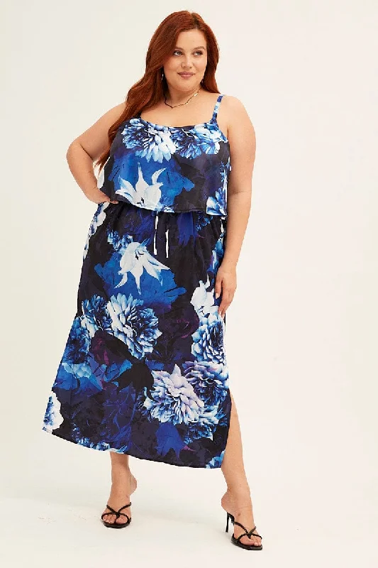 Tassel - adorned midi dress for a bohemian and stylish touchBlue Abstract Midi Dress Sleeveless Side Split Satin