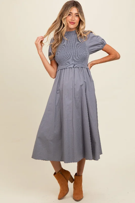 Midi dress for a school event such as a sports day or field tripBlue Contrast Knit Bodice Maternity Midi Dress Midi dress for a school event such as a sports day or field tripBlue Contrast Knit Bodice Maternity Midi Dress