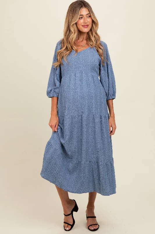 Midi dress for a business - casual setting when paired with a blazerBlue Embroidered Tiered Maternity Midi Dress Midi dress for a business - casual setting when paired with a blazerBlue Embroidered Tiered Maternity Midi Dress