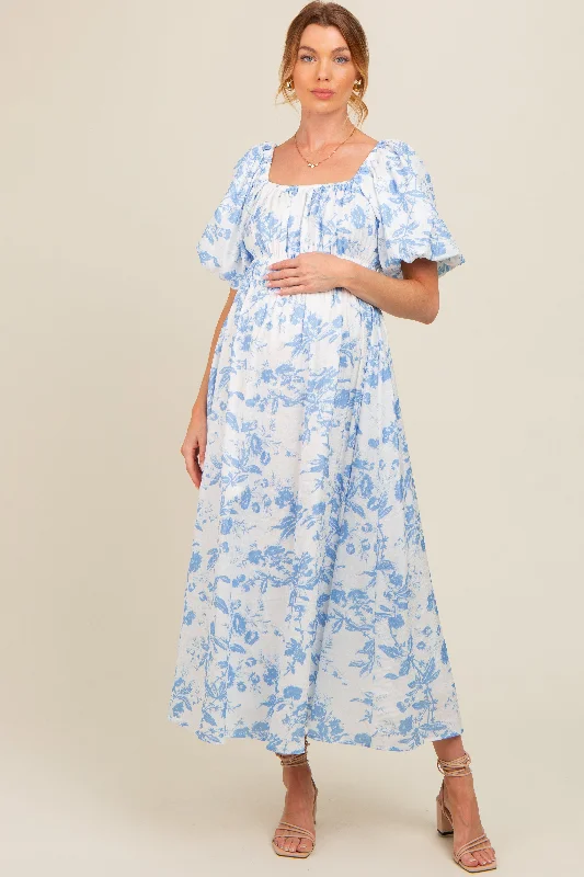Bow - decorated midi dress for a feminine and charming lookBlue Floral Puff Sleeve Maternity Midi Dress