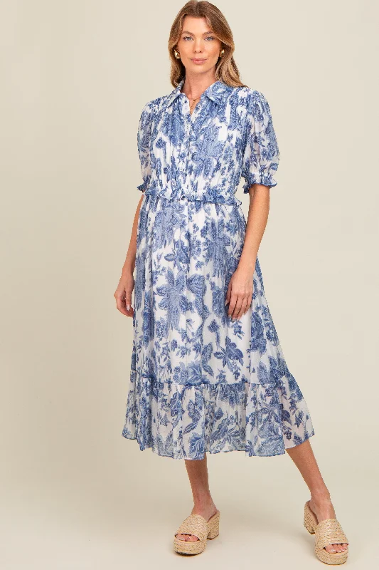Embroidered - beadwork midi dress for a luxurious and detailed lookBlue Floral Ruffle Accent Button Up Maternity Midi Dress