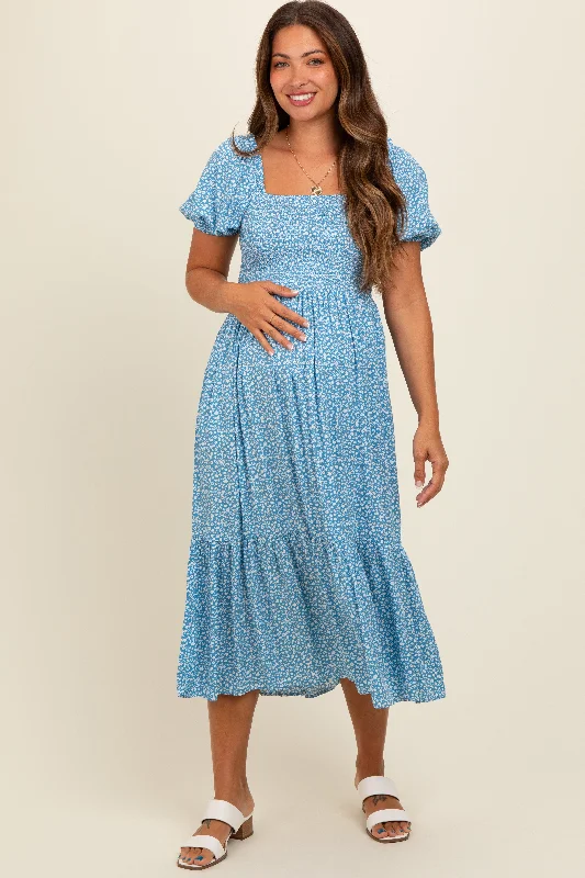 Halter - neck midi dress for a modern and stylish lookBlue Floral Smocked Ruffle Hem Maternity Midi Dress