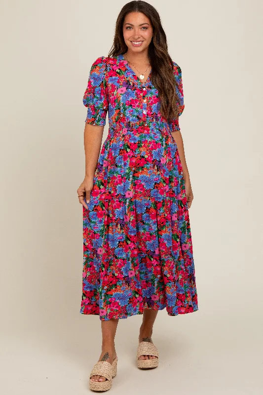 Collared midi dress for a more formal and put - together lookBlue Floral Smocked Waist Maternity Midi Dress