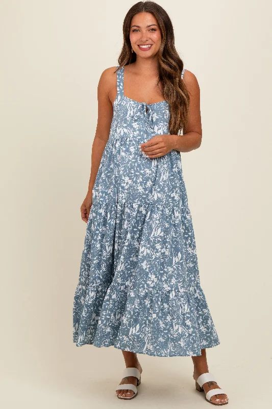 Midi dress for travel due to its versatility and durabilityBlue Floral Tiered Maternity Midi Dress