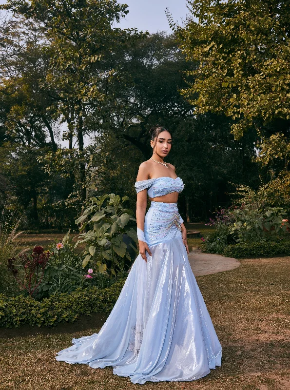Party Dresses with Metallic Sequined Bodice and Chiffon Skirt and Sheer Back for Ladies' Glamorous and Sexy LookJasmine Powder Blue Satin and Shimmer Chiffon Lehenga Set Party Dresses with Metallic Sequined Bodice and Chiffon Skirt and Sheer Back for Ladies' Glamorous and Sexy LookJasmine Powder Blue Satin and Shimmer Chiffon Lehenga Set