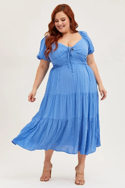 Tiered Party Dresses with Floral Applique for Ladies' Garden PartiesBlue Midi Skater Dress Short Sleeve Tie Front Tiered Party Dresses with Floral Applique for Ladies' Garden PartiesBlue Midi Skater Dress Short Sleeve Tie Front