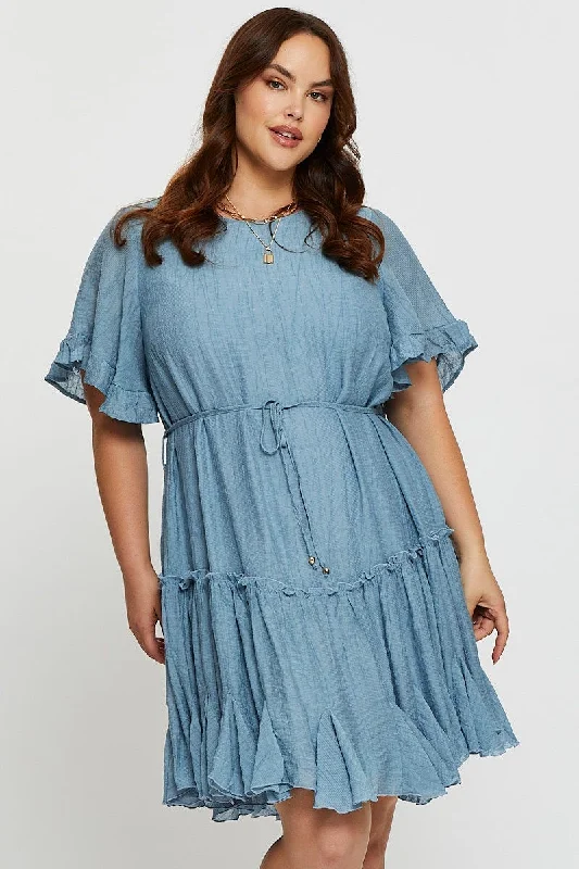 Party Dresses with Sequined Stripes and Sheer Back for Ladies' Bold and Sexy LookBlue Skater Dress Round Neck Short Sleeve Tie Party Dresses with Sequined Stripes and Sheer Back for Ladies' Bold and Sexy LookBlue Skater Dress Round Neck Short Sleeve Tie