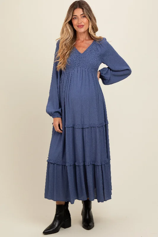 Drawstring - waist midi dress for a customizable and comfortable fitBlue Smocked Tiered Maternity Midi Dress