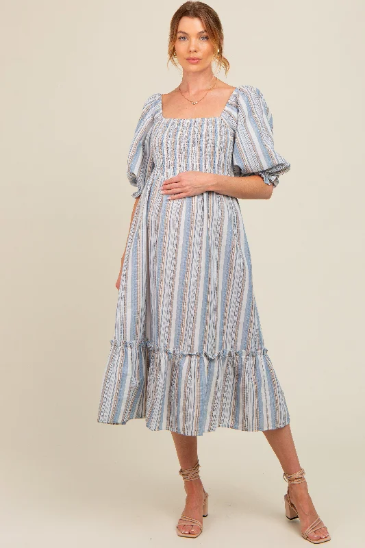 Midi dress for a night out at a club or partyBlue Striped Smocked Puff Sleeve Maternity Midi Dress