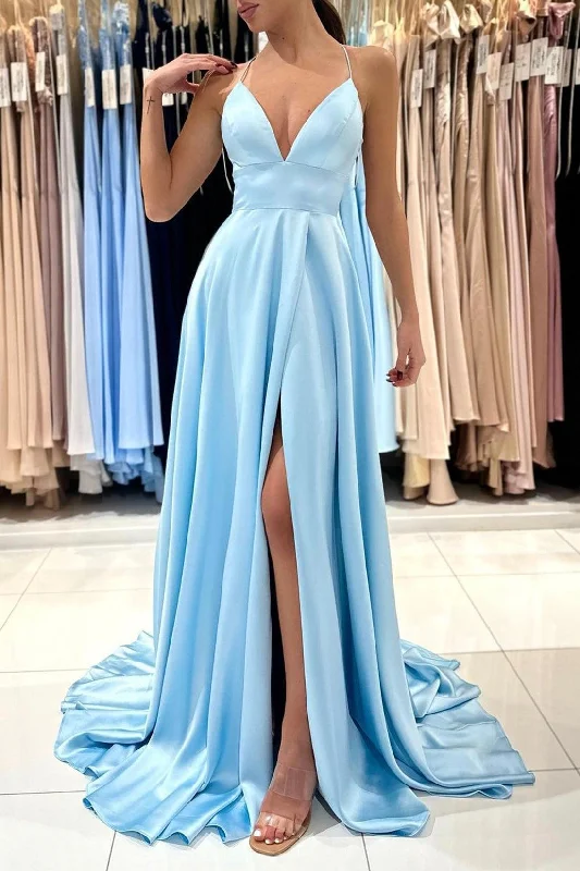 Beaded Party Dresses with Tulle Skirt for Ladies' Formal DancesBlue V-Neck Satin Long Prom Dress Simple A-Line Evening Dress PSK396