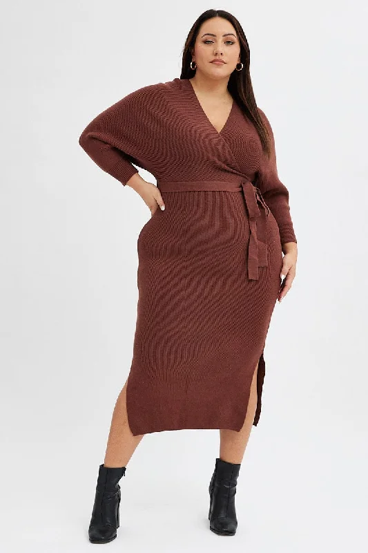Vintage Inspired Party Dresses for Ladies' Retro Themed GatheringsBrown Knit Dress Long Sleeve Rib Cross Front Vintage Inspired Party Dresses for Ladies' Retro Themed GatheringsBrown Knit Dress Long Sleeve Rib Cross Front