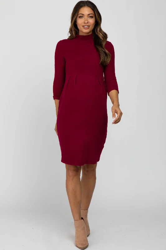 "Sustainable and eco - friendly women's dresses"Burgundy Brushed Mock Neck Fitted Maternity Dress