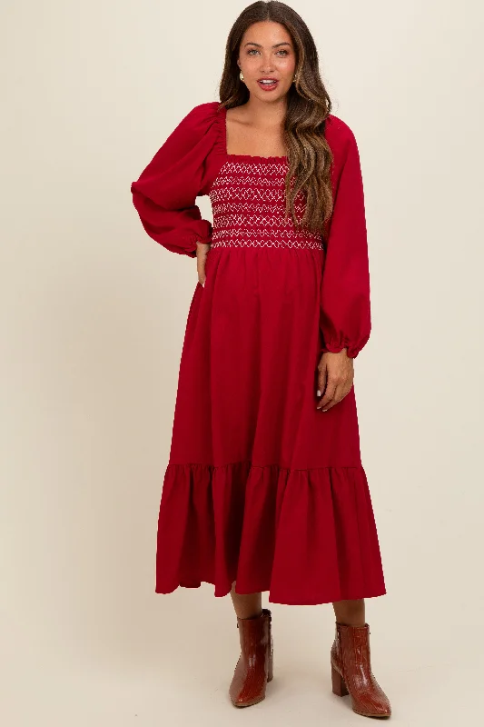 Midi dress for a yoga class with a flexible and breathable fabricBurgundy Contrast Smocked Balloon Sleeve Maternity Midi Dress