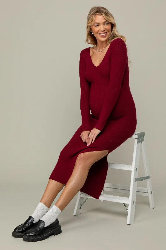 Contemporary - designed midi dress with modern detailsBurgundy Ribbed Knit Side Slit Maternity Midi Dress