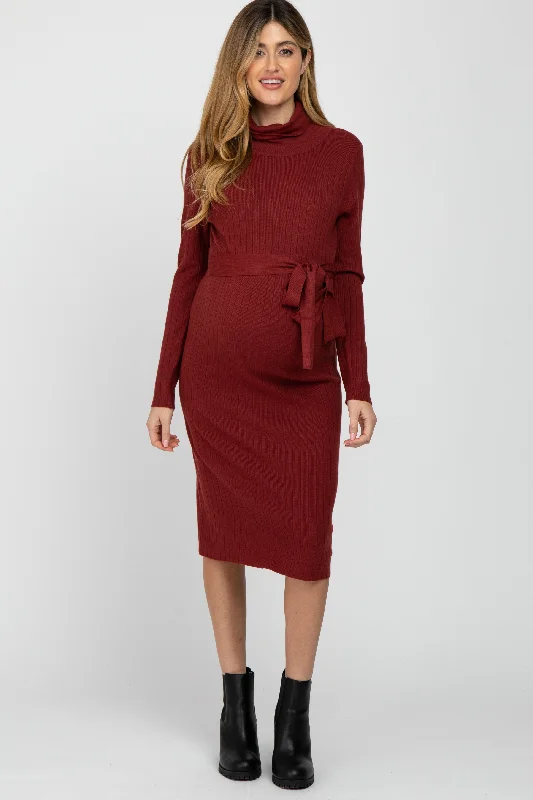 "Comfortable maternity dresses for pregnant women"Burgundy Ribbed Turtleneck Maternity Sweater Dress