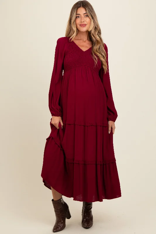 70s - inspired bohemian midi dress with a free - spirited lookBurgundy Smocked Tiered Maternity Midi Dress
