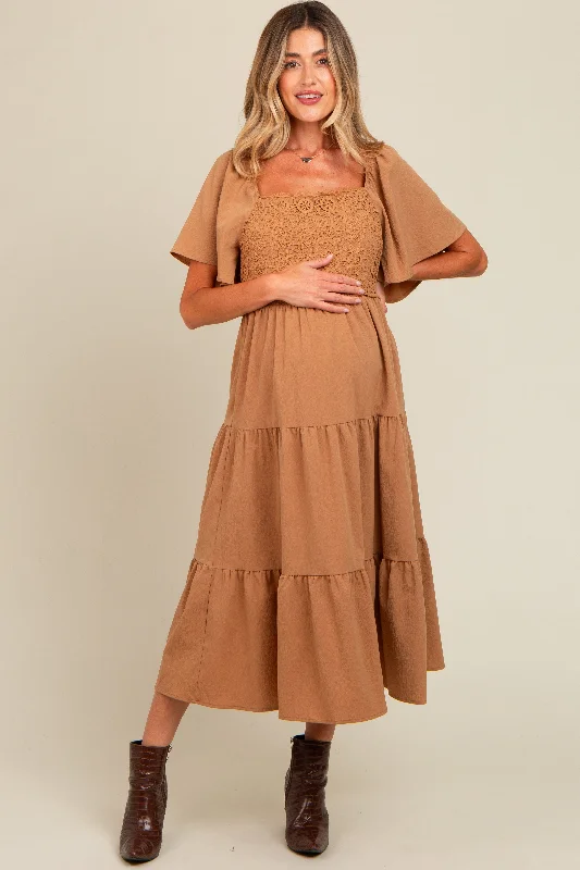 Midi dress for tall women with extra - long lengthsCamel Crochet Tiered Lace Maternity Midi Dress