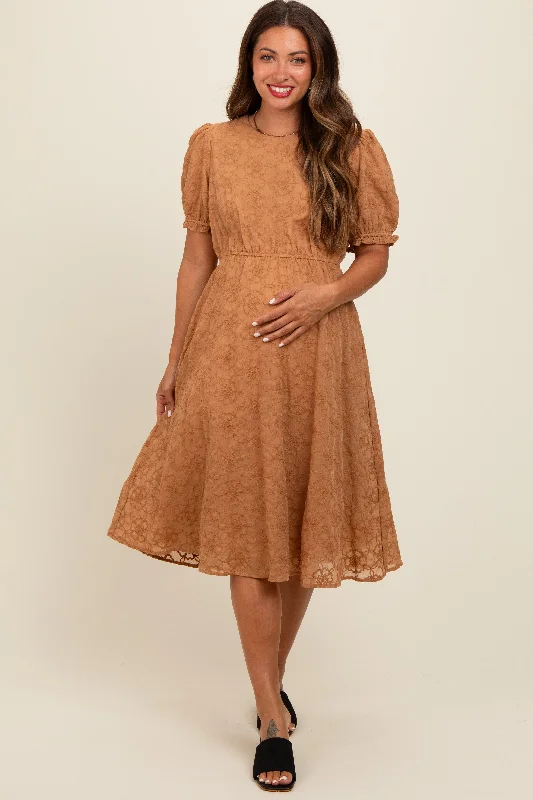 Midi dress for petite body types with proportionate sizingCamel Floral Embroidered Overlay Maternity Midi Dress