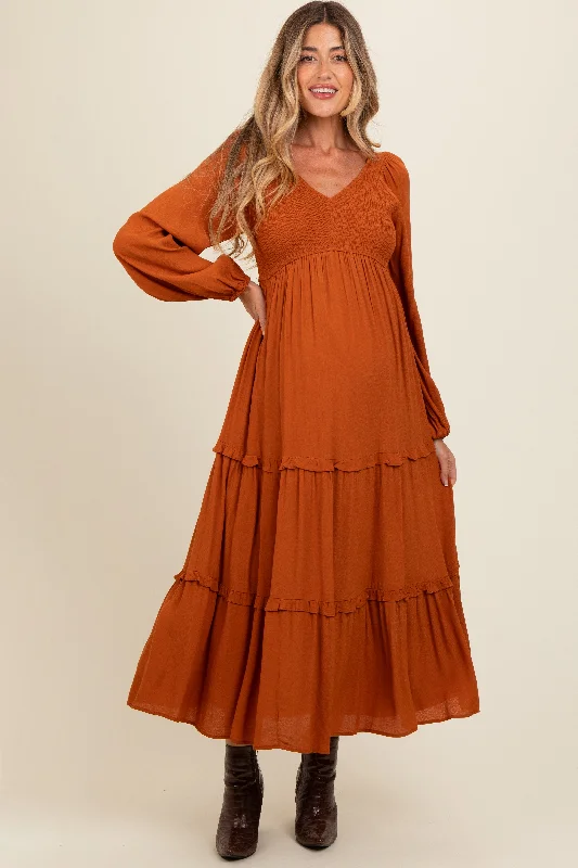 Affordable midi dress for budget - conscious shoppersCamel Smocked Tiered Maternity Midi Dress