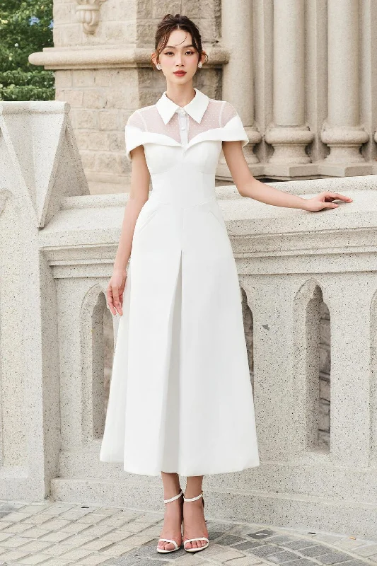 Trumpet - style midi dress for a flared and stylish silhouetteCecilia A-line Collared Neck Twill Midi Dress
