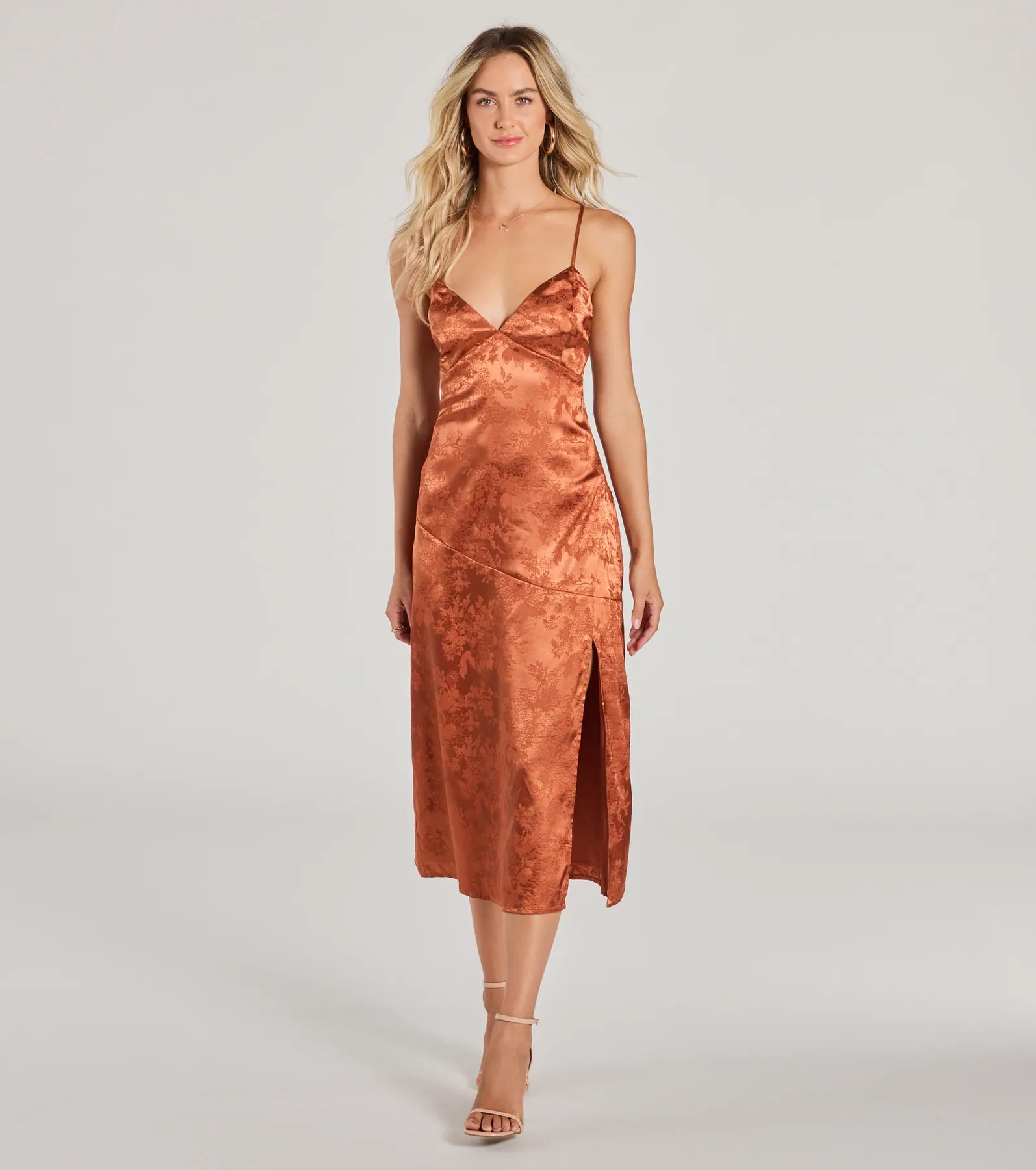 Long - train midi dress for a formal and dramatic lookChic Charm Floral Satin A-Line Midi Dress