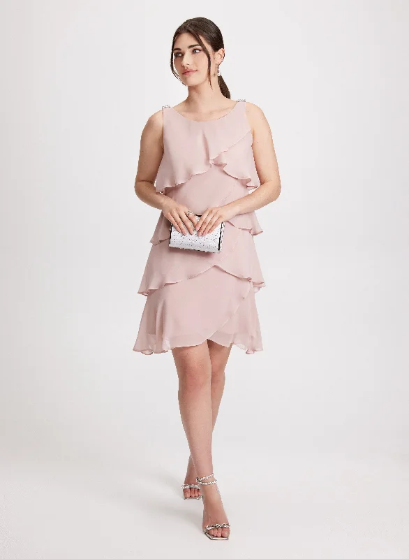 Party Dresses with Sequined Geometric Shapes and Lace and Chiffon Blend and Ruffled Sleeves for Ladies' Modern and Dramatic LookChiffon Tiered Cocktail Dress Party Dresses with Sequined Geometric Shapes and Lace and Chiffon Blend and Ruffled Sleeves for Ladies' Modern and Dramatic LookChiffon Tiered Cocktail Dress