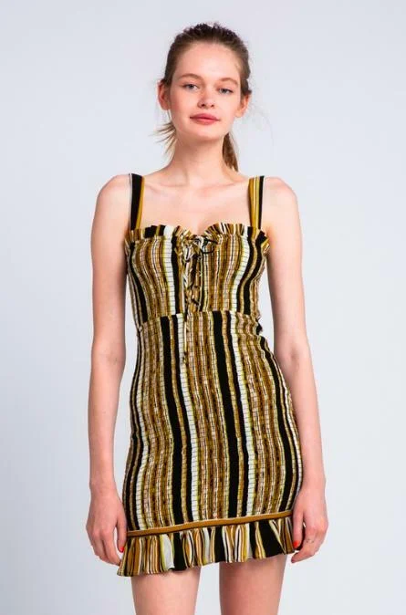 Sheath Style Velvet Party Dresses for Ladies' Evening GalasCiao Bella Black and Gold Striped Smocked Mini Dress
