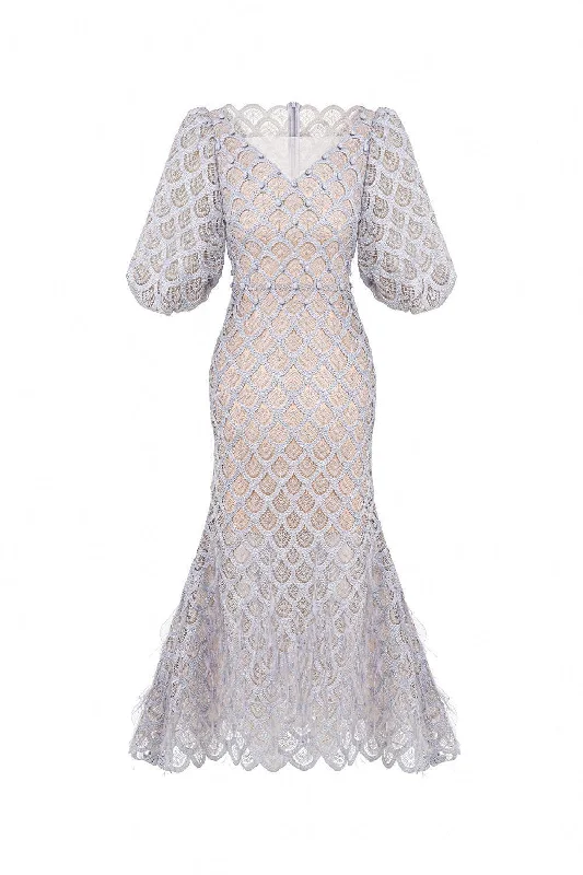 Wrap - around midi dress for a flattering and adjustable fitCiara Trumpet Bishop Sleeved Lace Midi Dress