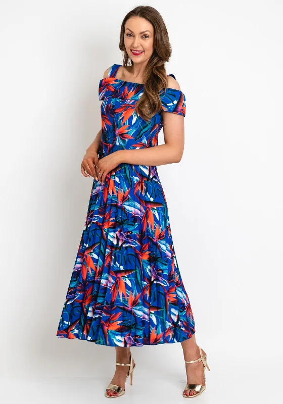 Midi dress for tall women with extra - long lengthsCoco Doll Floral Print Pleated Midi Dress, Royal Blue & Orange