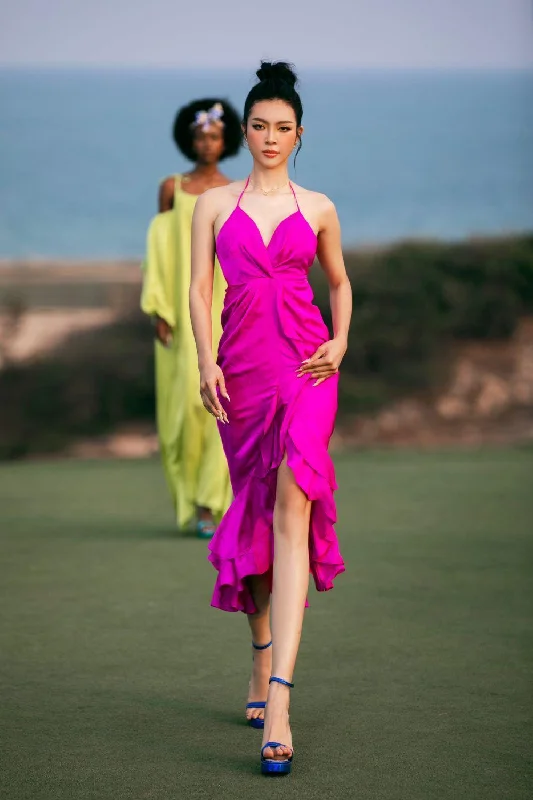 Drawstring - waist midi dress for a customizable and comfortable fitCollins Slit Ruffle Layer Silk Midi Dress