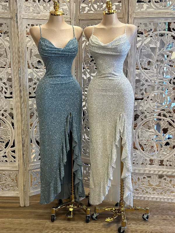 Party Dresses with Sequined Floral Motifs and Satin Ribbon Detailing for Ladies' Elegant and Delicate LookCowl Neck Ruffle Glittered Dress- Stretchy Party Dresses with Sequined Floral Motifs and Satin Ribbon Detailing for Ladies' Elegant and Delicate LookCowl Neck Ruffle Glittered Dress- Stretchy