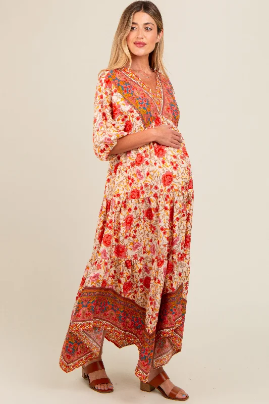 Off - the - shoulder midi dress for a flirty and romantic lookCream Floral Border Print V-Neck Tiered Maternity Midi Dress