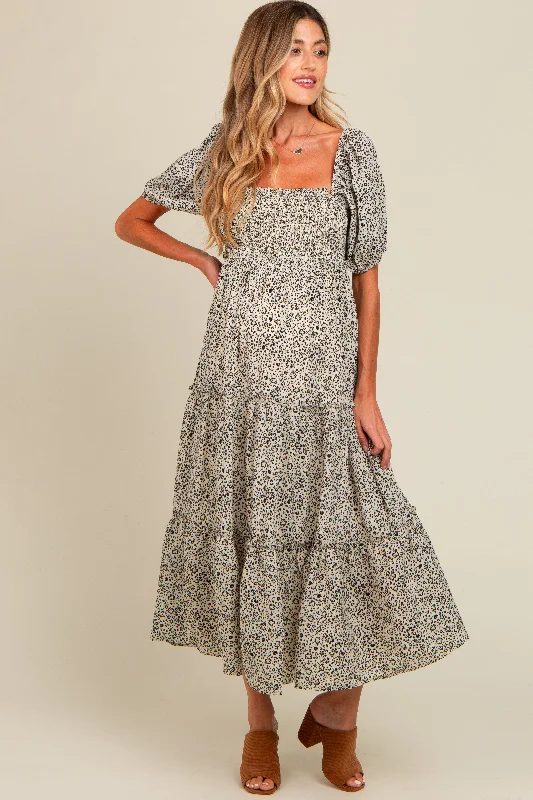 70s - inspired bohemian midi dress with a free - spirited lookCream Floral Leopard Print Maternity Midi Dress
