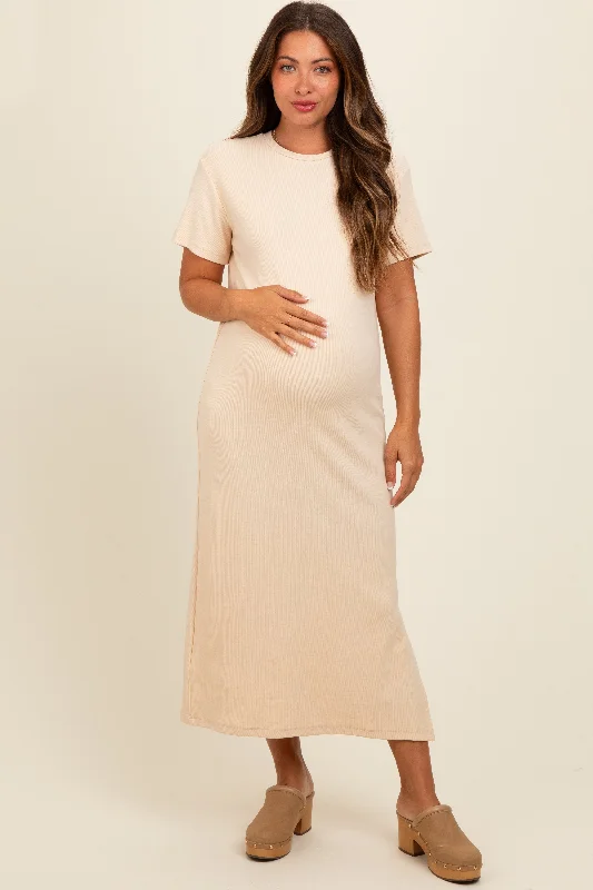Satin midi dress for a smooth and shiny finishCream Short Sleeve Side Slit Maternity T-Shirt Midi Dress