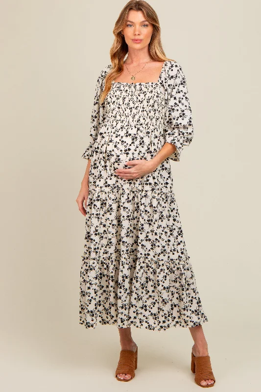 Midi dress for a barbecue with friends and familyCream Smocked Tiered Pocketed Maternity Midi Dress