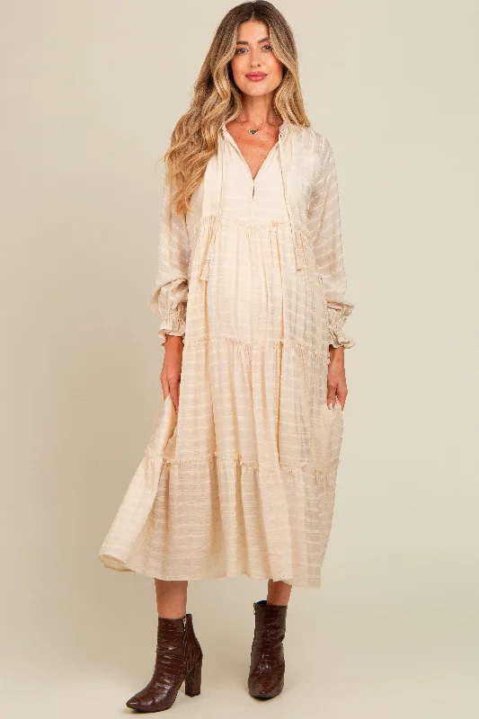 Elastic - waist midi dress for maximum comfort and flexibilityCream Striped Front Tassel Tie Tiered Maternity Midi Dress