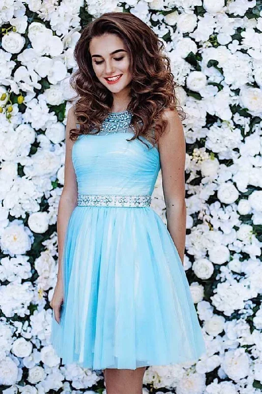 Plunging Neckline Party Dresses with Sequined Trim for Ladies' Glamorous EventsCute A-line Blue Short Prom Dress Tulle Homecoming Dress PG150 Plunging Neckline Party Dresses with Sequined Trim for Ladies' Glamorous EventsCute A-line Blue Short Prom Dress Tulle Homecoming Dress PG150