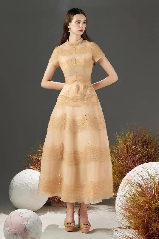 Midi dress for sports activities like horseback riding or yogaDavie A-line Waist Pleated Organza Midi Dress