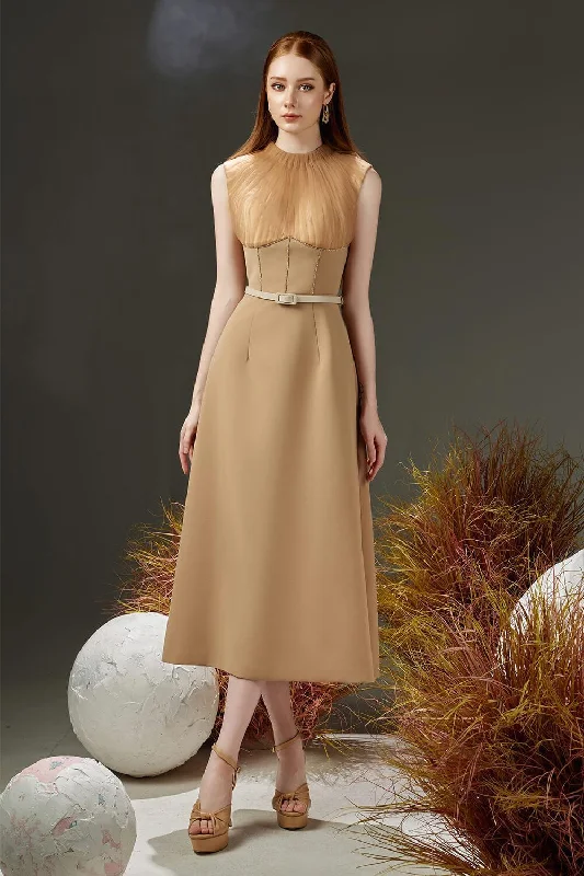 Midi dress for tall women with extra - long lengthsDudley A-line Pleated Neck Organza Midi Dress Midi dress for tall women with extra - long lengthsDudley A-line Pleated Neck Organza Midi Dress